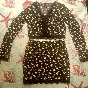 Eyelash Laced Black Daisy Button Up Two-Piece Set With Slit In Skirt